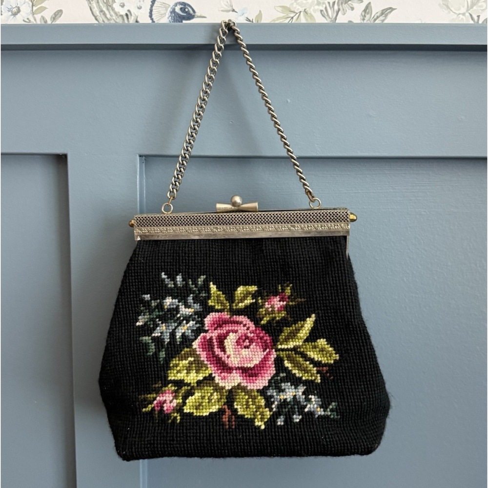 Vintage Handmade Needlepoint Purse Black Floral Rose Chain Handle Evening Bag